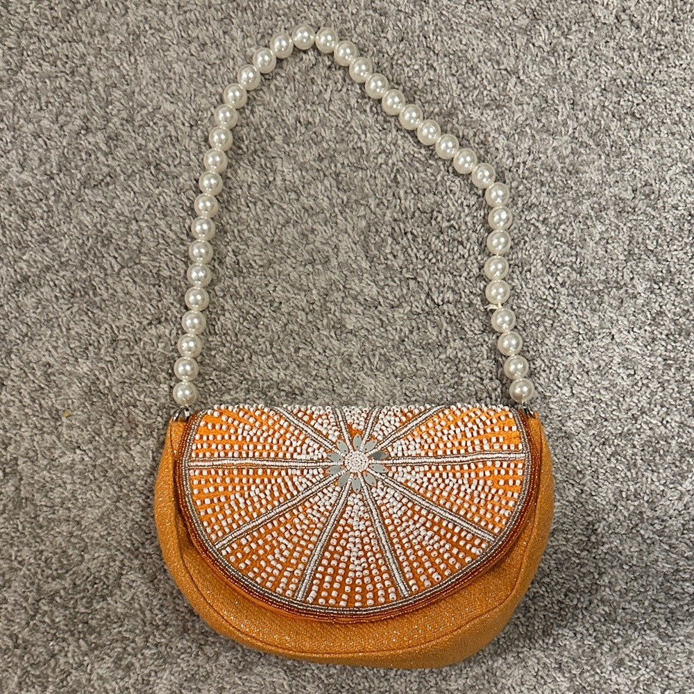 Orange Beaded Women's Bag with Pearl Strap